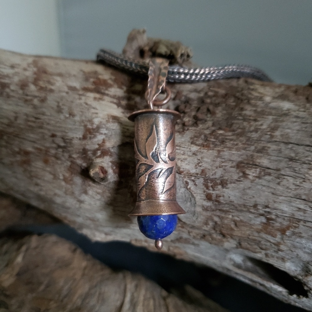 Handcrafted etched copper and Lapis pendant.